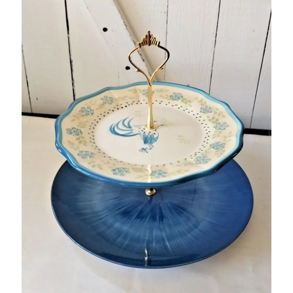 Custom 2 Tier Cake Stand Cottage Core Blue Floral Rooster Country